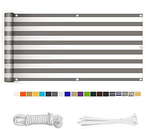 HERILIOS Balkon Sichtschutz, Balkonabdeckung 220 g/m² Innen Balkonverkleidung UV-Schutz (210Größen&21Farben) mit Ösen Kabelbinder und Kordel für Balkongeländer Terrasse,80X1000CM Grau-weiß gestreift
