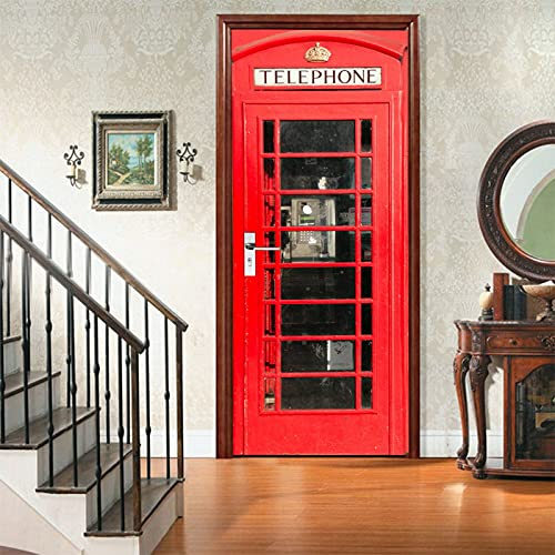 A.Monamour Türtapete Selbstklebend Türfolie Türposter 3D London Rote Telefonzelle Vinyl Folie Türdeko Tapete Wandbild Türaufkleber Türtattoo 95 x 215 cm