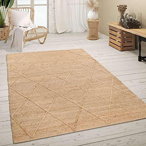 Paco Home Teppich Wohnzimmer Jute Naturfaser Handgearbeitet Modernes Skandi 3D Muster, Grösse:120x170 cm, Farbe:Natur