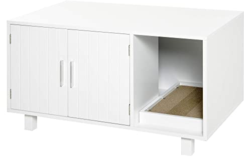 PawHut Wooden Cat Litter Box Enclosure & House with Nightstand/End Table Design, Scratcher, & Magnetic Doors, White