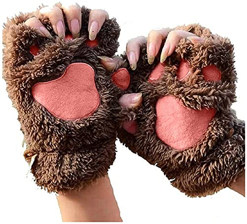 Topgrowth Handschuhe Damen Kawaii Katzenhandschuhe Plüsch Kunstfell Cosplay Katzenpfoten Fingerlose Handschuhe Mädchen Halbfingerhandschuhe aus Stoff (Braun, Einheitsgröße), braun, Einheitsgröße