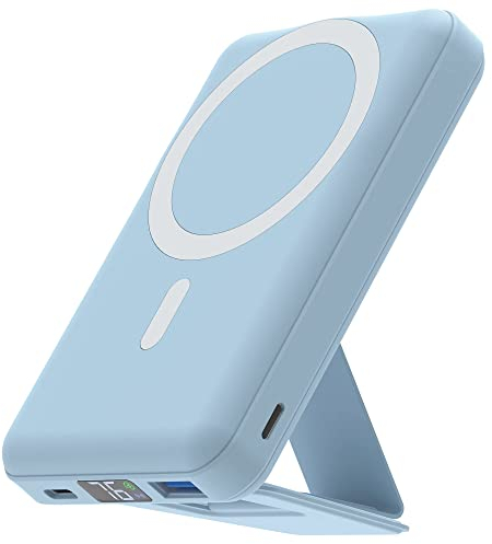 Podoru Wireless Power Bank, 10000mAh Faltbarer Magnetische Powerbank PD 22.5W Schnellladen mit LED Display, Akkupack for Magsafe Powerbank für iPhone 16/15/14/13/12 Pro/Pro Max/Plus/Mini (Blau)