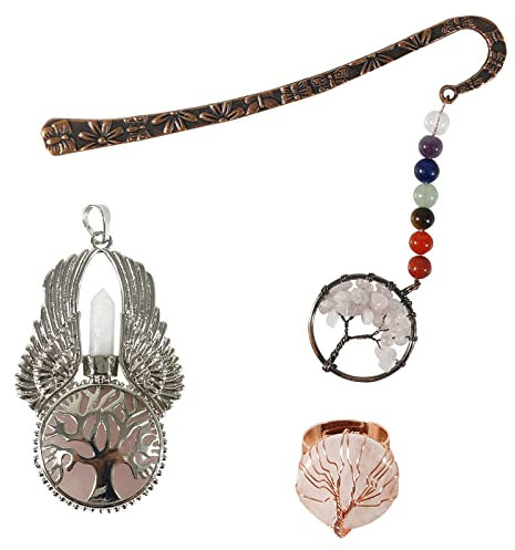 Soulnioi Healing Crystal Rose Quartz Crystal Tree of Life Pendant Set, Ring, Wings Necklace, Seven Chakra Crystal Bookmark for Yoga, Reiki, Meditation