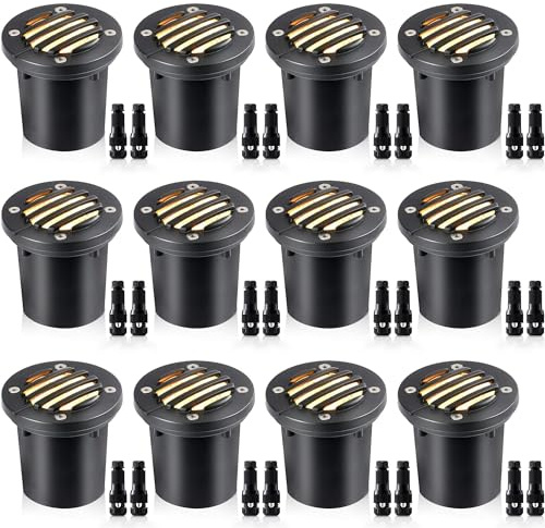 SUNVIE 12W Low Voltage Landscape Lighting with Connectors 1200LM Ultra Bright Well Lights Landscape LED In Ground Waterproof Outdoor Warm White Paver Lights for Garden Yard Driveway 12 Pack
