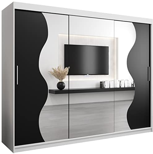 KRYSPOL Schwebetürenschrank Madryt 250 cm mit Spiegel Kleiderschrank mit Kleiderstange und Einlegeboden Schlafzimmer- Wohnzimmerschrank Schiebetüren Modern Design (Weiß + Schwarz)