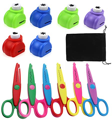 ZJRung Ciseaux Enfants Créatifs 6pcs à Cranter de Bordure de Sécurité Avec 6pcs Mini Perforatrice à Papier pour l'Artisanat et la Conception Créative