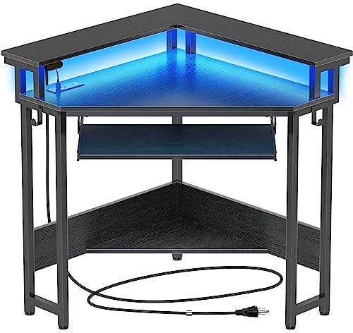 Rolanstar Corner Desk,44.5 W x 34.5 H Small Computer Desk with Power Outlets, Gaming Desk with LED Lights, Triangle Corner Table with Keyboard Tray & Monitor Stand for Small Space, Black
