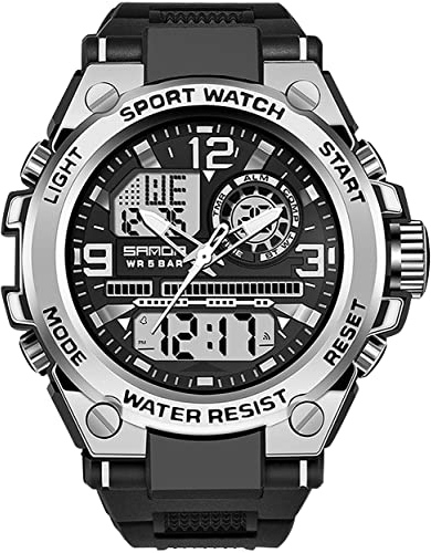 Kieyeeno Reloj Militar Deportivo para Hombres, Impermeable 5 ATM, LED Analógico Digital con Luz, Alarma y Calendario - Plata