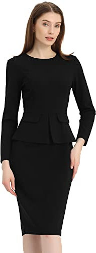 Allegra K Women's Bodycon Dresses Round Neck Long Sleeve Casual Work Outfits Peplum Sheath Dress Black L
