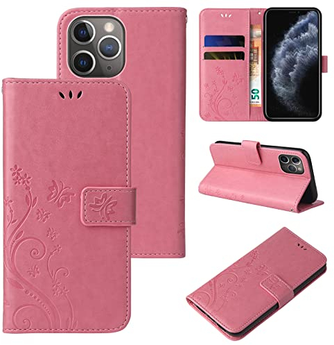 LBH Handy Hülle für Apple iPhone 11 Pro Case Handytasche Schmetterling Blumen Flower Standfunktion Schutzhülle Magnet Rundum Schutz 360 Grad Flipcase Cover Rosegold