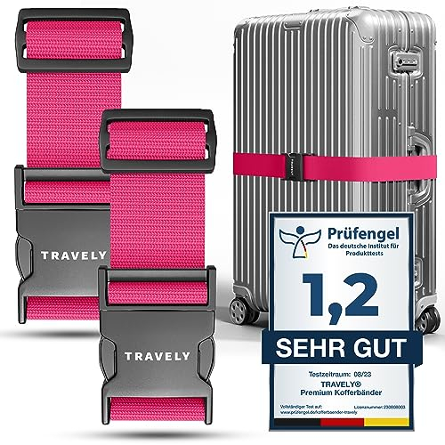 Travely® Lot de 2 sangles de valise de qualité supérieure, particulièrement attrayante et sûre, avec 2 étiquettes à bagage, sangle de bagage idéale en croix, rose