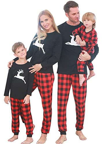 SANMIO Famille Pyjama Ensembles de Noël Tenues à Deux Pièces Manches Longues Tops + Long Pantalon écossais Vêtement de Nuit Tenues Noir/Rouge-Wapiti de Noël (Femelle) L