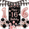 Sursurprise 16th Birthday Decorations for Girls Black and Rose Gold, Happy 16th Birthday Door Banner, Triangle Flag Garland, Number 16 Balloon, Sixteen Year Old Birthday Party Supplies