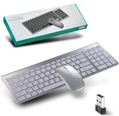 Rechargeable Bluetooth & USB 2.4GHz Wireless Keyboard Mouse Set, Multi-Device Ultra Thin Quiet Universal Full Size Computer Keyboard & Mouse Combos for Windows PC Laptop Desktop, iPad, Flat, Mac