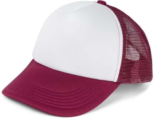 styleBREAKER Unisex 5-Panel Trucker Cap mit Mesh-Einsatz | verstellbares Basecap mit Click Snap Verschluss | luftiges Netz Cap für Damen und Herren, Farbe:Weiß-Bordeaux-Rot