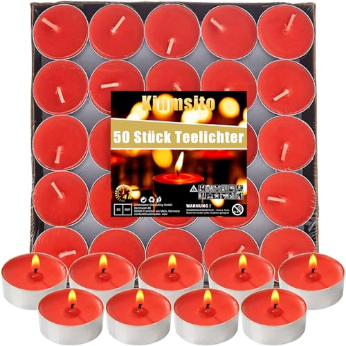 Kinmsito 50 Stück Teelichter,Runde Romantische Rote Kerzen,Brenndauer 4 Stunden,Romantische Teelichter,Rauchfreie Teelicht Liebe Kerzen für Geburtstag,Vorschlag,Party,Valentinstag,hochzeit,verlobung