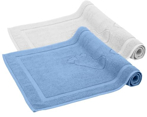 Komfortec Badvorleger Set 2 Teilig, Frottee Duschvorleger, Waschbar Duschmatte & Badteppich, 800 g/m² &100% Baumwolle, Saugfähig & Schnelltrocknend, 50 x 80 cm, Weiß/Hellblau