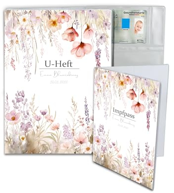 Minilino personalisierte U Heft Hülle 3-teiliges Premium Set für Impfpass & U-Heft [ SCHÜTZT WICHTIGE DOKUMENTE ] Organizer für Untersuchungsheft (Blumenwunder weiß)