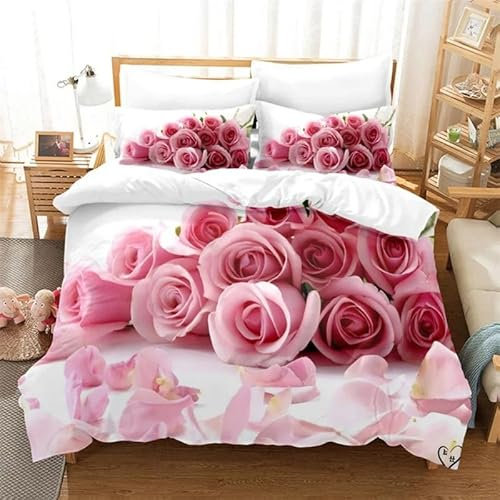 KKPLMM Double Duvet Set Pink Roses Fluffy Double Duvet Cover 110g/㎡ Microfiber Bedding Double Bed Set with Zipper + 2 Pillow Cases (19x29) Also as Teenage Home Decor