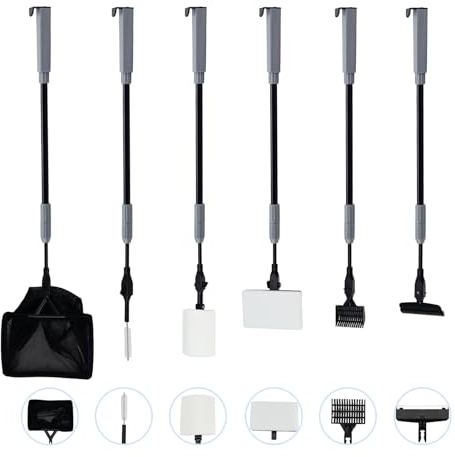 COVVY Complete Aquarium Fish Tank Cleaning Set Fish Net + Rake + Scraper + Fork + Sponge Brush Glass Aquarium Cleaner Tool Kit (1, Gray, 6 in 1)