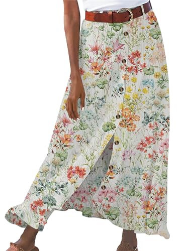 EFOFEI Damen Sommer Plissee Rock Bohème Swing A-Linie Rock Baumwolle Leinen Plissee Schlitz Rock Bunt M