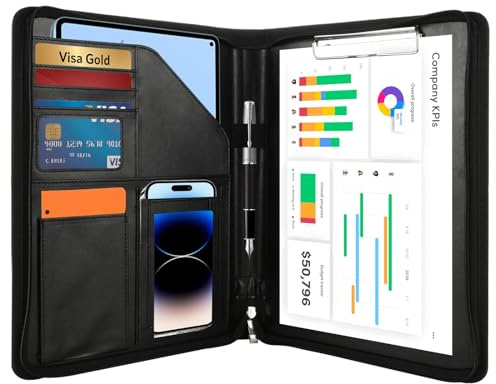 LOPYXBR Konferenzmappe A4 PU Leder Multifunktional Wasserdicht Schreibmappe a4 mit Reißverschluss Schreibmappe Taschen Stifthalter und Karten Schwarz