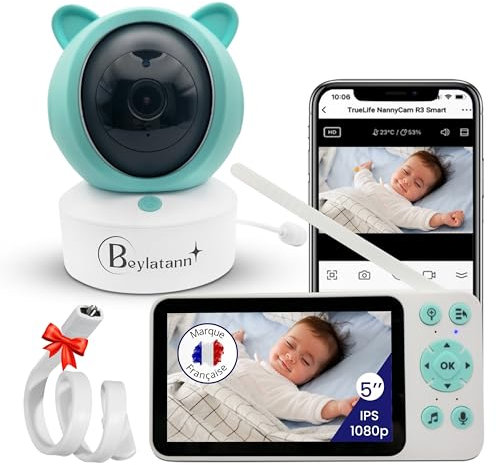 Beylatann 2K 5 LCD-IPS Babyphone Camera WiFi VOX Enregistrement Carte SD/Cloud Vision Nocturne Détection Mouvements/Pleurs Berceuses Pan-Tilt 360° | Bebe Surveillance Baby Phone + Support Offert |