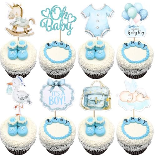 Xsstarmi 40 Pack It's s Boy Cupcake Toppers Trojan Horse Bodysuit Angel Baby Cupcake Picks Balloon Welcome Baby Cake Decorations for Baby Shower Boys Birthday Theme Party Supplies Blue