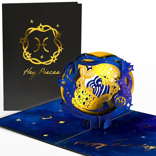 Lovepop® Sternzeichen Fische Geburtstag 3D Pop-Up Karte Geburtstagskarte Zodiac Pisces | Hochwertige Gold-Effekte | Fach für Geld & Gutscheine | Premium-Umschlag