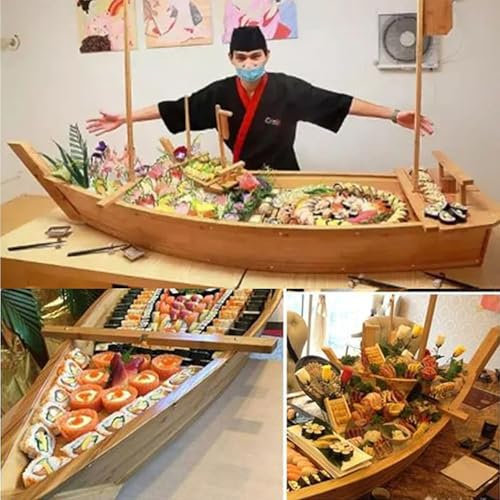 Hölzernes Sushi-Boot-Serviertablett, großer Sushi-Boot-Teller für Sashimi-Board-Meeresfrüchte-Party, ideal für Sushi-Restaurant oder zu Hause,A,80X27cm