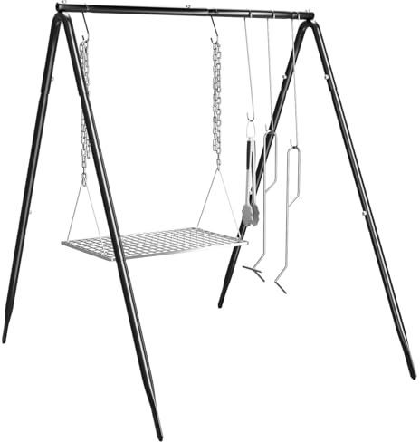 KIKIBRO Grill Swing Campfire Cooking Stand, BBQ Grill for Cookware, Bruntmor Dutch Oven Adjustable Collapsible Legs with Hooks and Accessories