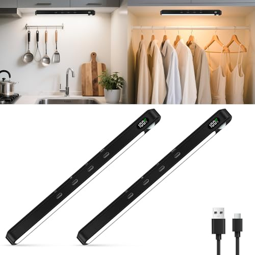 WILLED Schrankbeleuchtung Led Lampe mit Bewegungsmelder,3 Farbmodi Aufladbar Dimmbar Unterbauleuchte Küche mit USB Batteriebetriebenes Küchenlicht für Küche,Kleiderschrank,Schwarz(2 Stück)