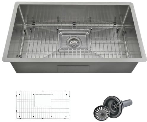 FGNIXLN Fregadero de cocina T304 de acero inoxidable, rectangular, con rejilla inferior (84 x 48 x 25 cm)