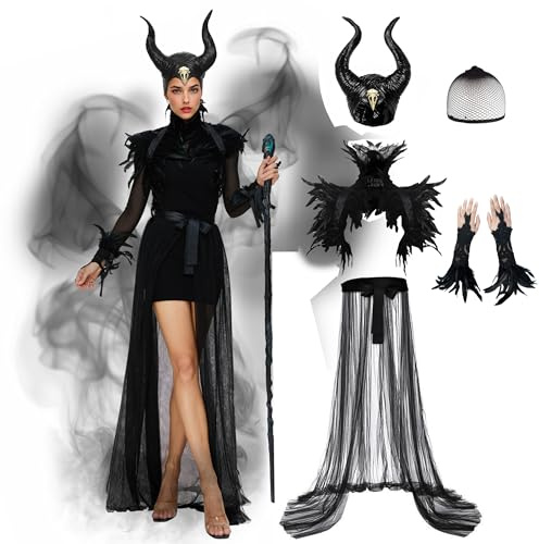 Joellfuner Halloween Deguisement Femme, Costume Maléfique Accessoire pour Femme, Corne Diable Cape de Plume et Jupe Tulle Plissée, Gothique Décoration pour Carnaval Cosplay Fête (2)