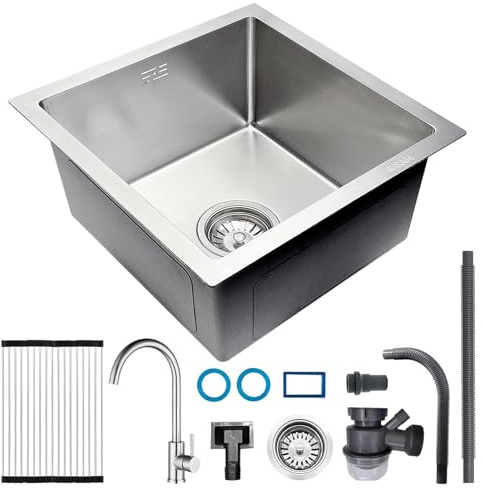 AIVANOTO 38 x 38 cm 1 lavabo fregadero de cocina, pequeño fregadero individual, con grifo, escurridor, desagüe empotrado, fregadero de acero inoxidable, montaje bajo el árbol, superficie resistente a