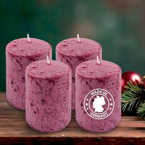 Alluvo Candele a pilastro, set da 4 pezzi, colore rosso camino, candele Rocco, non profumate in cera naturale, senza olio di palma, 90 x 60 mm, per decorazioni per matrimoni, Natale e dell'Avvento