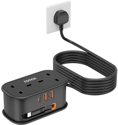 Travel Extension Lead, FDTEK 2 Way Power Strip with Retractable USB C Cable and 3 USB Slots, Small UK Extension Socket with 1.5M Cable for Travel Home Office Camping Cruise