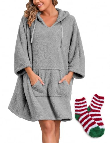 Viakeo Damen Bademantel Tragbare Decken Oversized Badeponcho Fleece Hoodie Sweatshirts Weicher Nachtkleid mit Taschen
