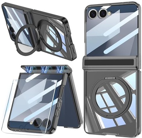Funda Magnética Claro para Samsung Galaxy Z Flip 7 con Bisagra Magnética & Protector de Pantalla y Soporte Magnético Giratorio, [Compatible con Carga Inalámbrica] Antigolpes Airbag Carcasa (Negro)