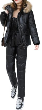 Juankrynord Tuta da neve invernale da donna con piumino con cappuccio + impermeabile spessa calda tuta da neve a due pezzi ragazze alla moda set completo di abbigliamento da sci