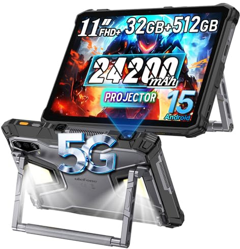 Ulefone Armor Pad 5 Ultra 5G Android 15 Rugged Tablet with Projector,1000LM Camping Light,24200mAh 120W,11 FHD+Waterproof Tablet,32GB+512GB,64MP+64MP IR Night Vision Camera,NFC/OTG/3.5mm Jack(Black)