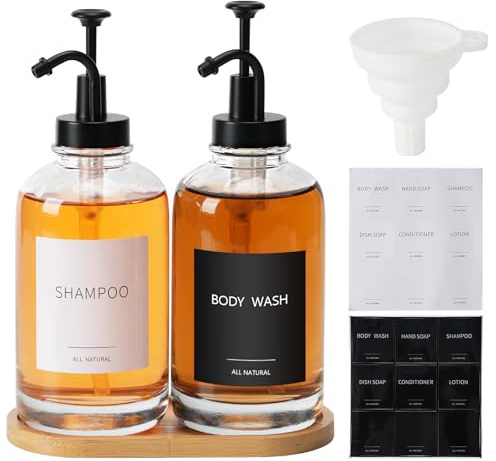 2 Pcs 500ml Glass Soap Dispenser with Stainless Steel Pump, Glass Syrup Bottle, Hand and Dish Soap Dispenser with Waterproof Labels, Bamboo Tray and Silicone Funnels for Bathroom, Kitchen, Countertop