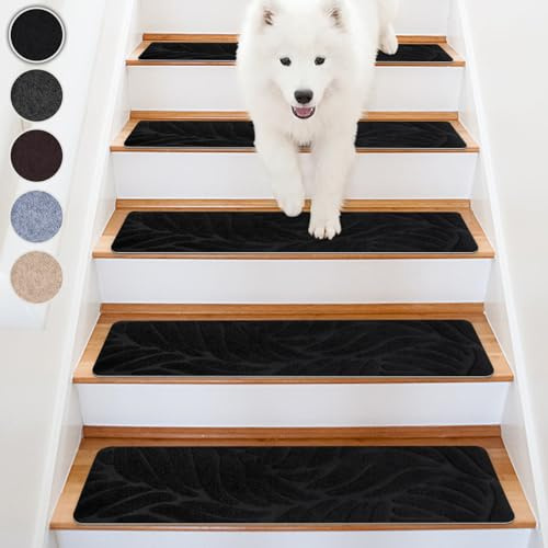 Homwiz Alfombrillas para Escaleras Antideslizantes, 15 Alfombrillas Autoadhesivas Escalones Interiores, Recortables y Reutilizables - Protección para Mascotas, Mayores, Niños (Negro, 76x20 cm)