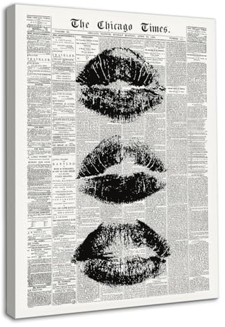 Dazzlewall Vintage Zeitung Wandkunst, Schwarz-Weiß Lippenabdruck Moderne Mode Wandbilder für Mädchen-Schlafzimmer Wohnzimmer Mit Rahmen 30x40 cm