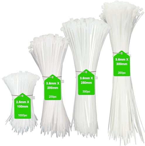 White Cable Ties, 2000 Pack Zip Ties Assorted Sizes (100+200+250+300mm), Self Locking Plastic Tie Wraps Heavy Duty for Garden Home Garage Cable Management