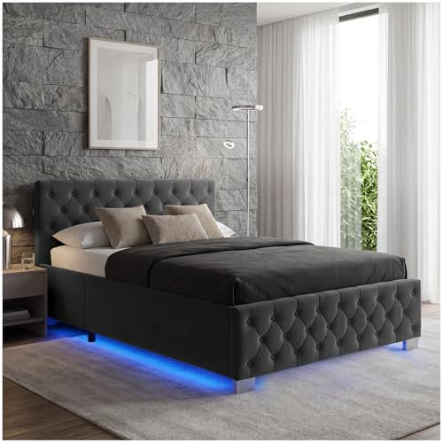 tectake® Polsterbett, 120x200cm, LED-Beleuchtung, Fernbedienung, Stauraum, Samtbezug, Chesterfield, Belastbarkeit 200kg, Bettgestell, Lattenrost, Gasdruckfeder, Schlafzimmermöbel - Samtoptik schwarz