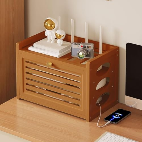 Boîte de rangement en bambou pour routeur WiFi, 3 tailles, boîte de gestion de câbles avec étagère extractible, couvercle de modem ventilé pour bureau à domicile, trou d'antenne, poignée en métal