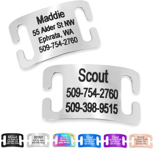 GoTags Slide On Pet ID Tags, Personalised Curved Dog and Cat, No Noise Silent Stainless Steel, Custom Engraved in 4 Sizes for Large Medium and Small Pets (Silver)