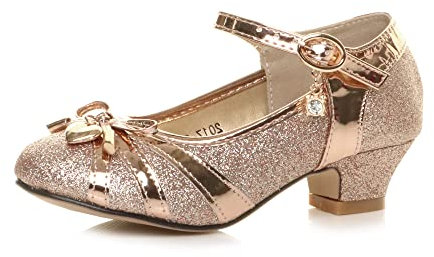 AJVANI Low Heel Diamante Bow Mary Jane Glitter Court Shoes Size 12 Rose Gold