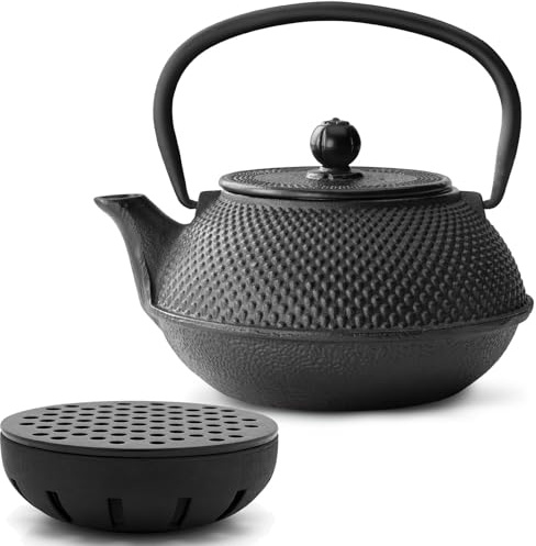 Bredemeijer Teekanne asiatisch Gusseisen Set schwarz 0.8 Liter Teekessel mit Henkel & Edelstahl Tee-Filter Sieb-Einsatz & Stövchen